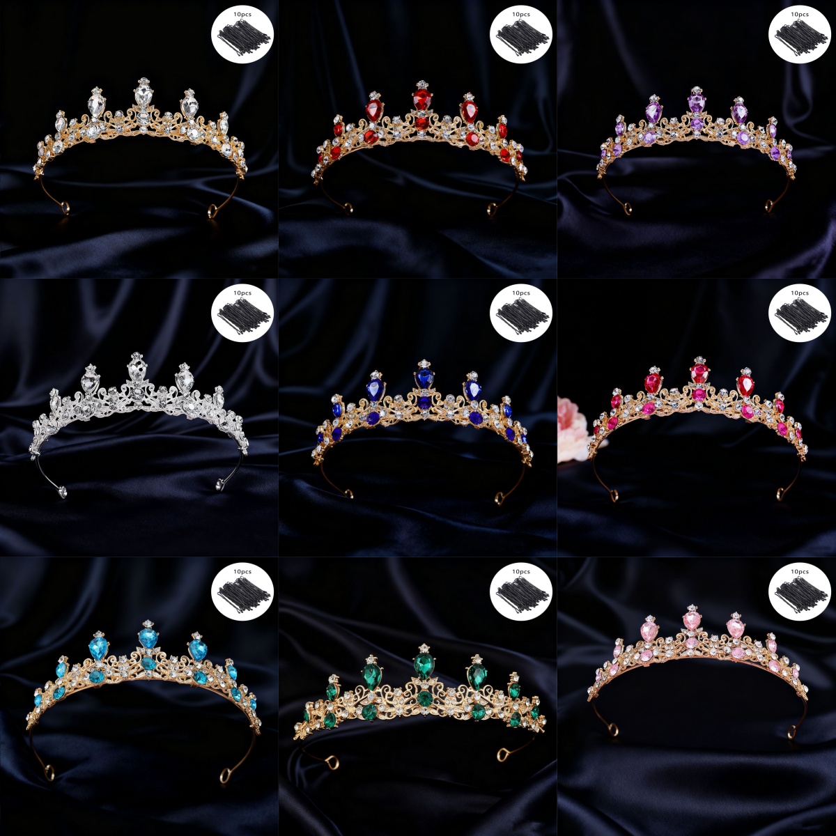 Event & Party Supply - มงกุฎเจ้าสาวแบบวินเทจประดับเพชรพลอย 10 ชิ้น พร้อมกิ๊บติดผม ประดับศีรษะสวยหรูระยิบระยับ สำหรับงานแต่งงาน
