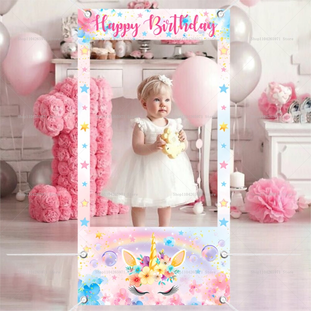 Photo Booth Frame - ธีมยูนิคอร์นอุปกรณ์ประกอบฉากกรอบรูปถ่ายภาพเด็กผู้หญิงทารกแรกเกิด 1 ขวบตกแต่งงานปาร์ตี้วันเกิดอุปกรณ์ประกอบฉากพื้นหลังสำหรับถ่ายภาพแบนเนอร์ปาร์ตี้เด็ก