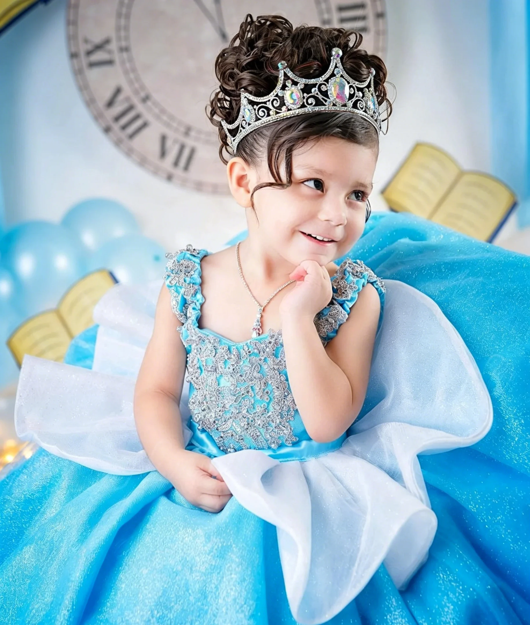 Birthday Sash Glitter - ชุดเดรสหรูหราสำหรับเด็กผู้หญิง งานแต่งงาน งานประกวด สีฟ้า ประดับกลิตเตอร์ ผ้าลูกไม้