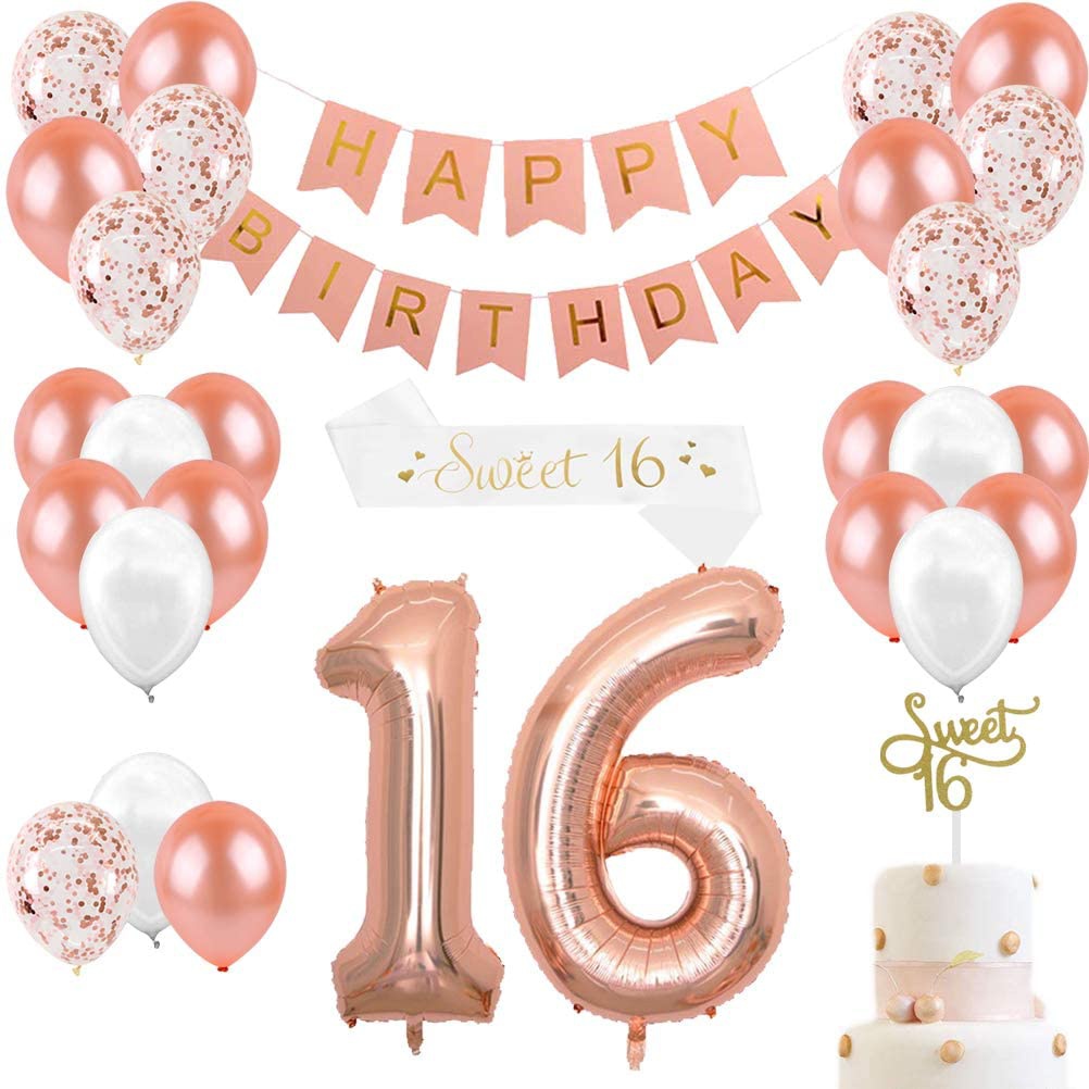 Party Banner Gold - ของตกแต่งวันเกิดครบรอบ 16 ปีสำหรับเด็กผู้หญิง ท็อปเปอร์เค้ก Sweet 16